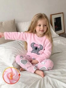 女童考拉刺繡與愛心印花長袖絨毛睡衣套裝，搖粒絨居家休閒服 - 粉色 - 查看 6