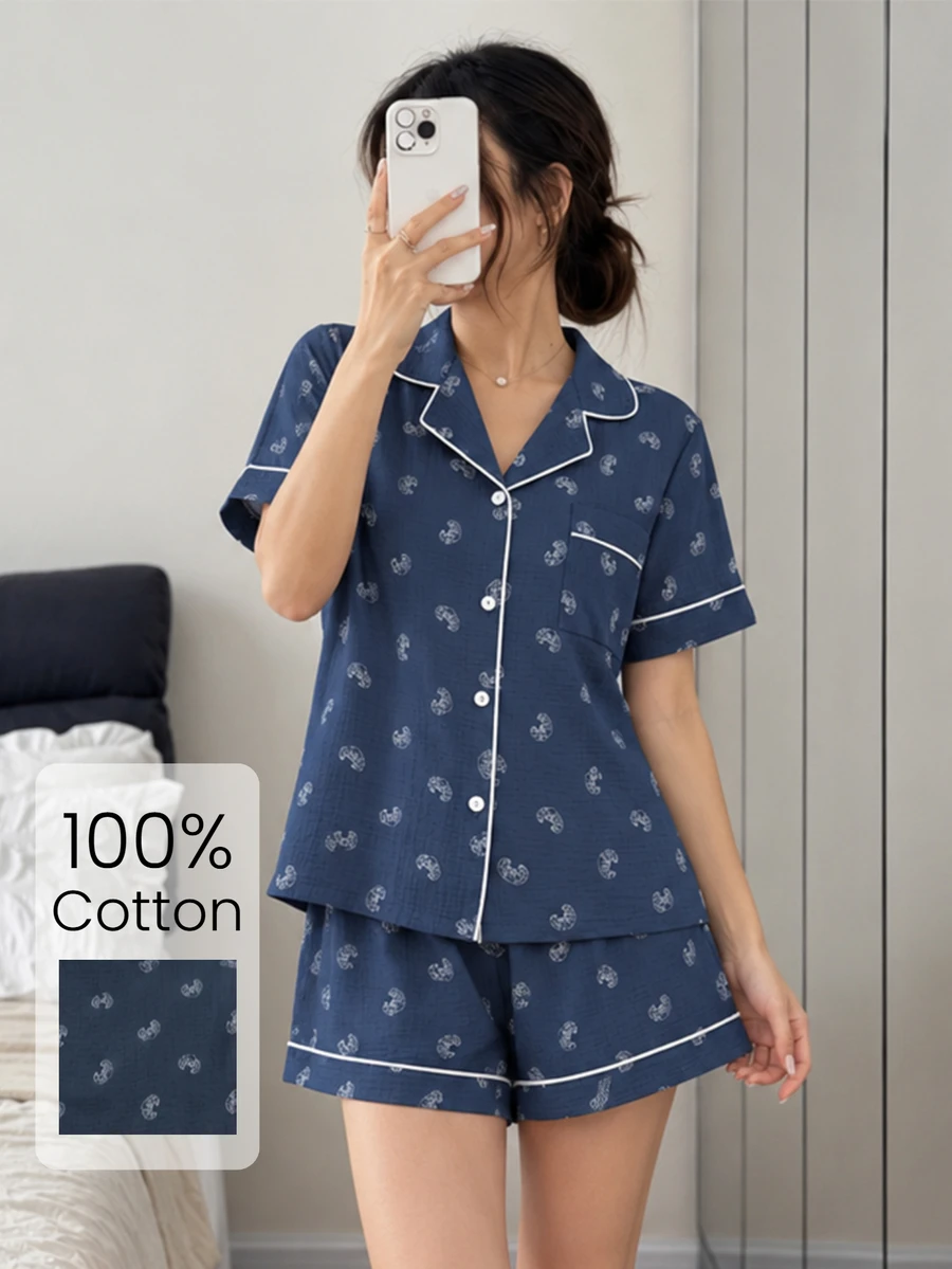 Napfluff 100%純棉女款睡衣套裝,短袖短褲,雙層克雷普布料,寬鬆居家服2件套 - 藏蓝色 - 查看 1