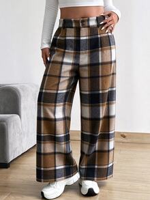 Vionelle Plus Size Loose Plaid Elastic Waist Straight Leg Pants, Women's Autumn/Winter - Multicolor - View 5