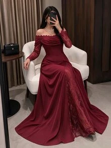 Modelyn 軍綠色蕾絲飾邊長袖收口袖口V領百褶上衣 - 酒紅色 - 查看 4