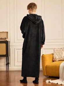 Provexi Provexi Men's Flannel Hooded Robe, Long Zip-Up Loose Fit Loungewear Pajama Jacket, Autumn/Winter - Black - View 2