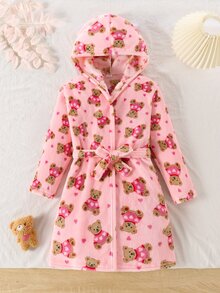 Girls Cute Bear & Heart Print Hooded Fleece Bath Robe, Long Sleeve Belted Warm Fluffy Sleepwear Robe For Tween Girl - Dusty Pink - View 7