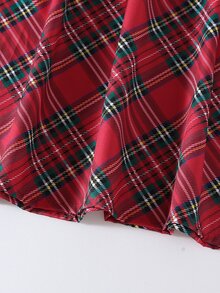 Tween Girl Round Neck Sleeveless Bow Plaid Pleated Dress - Red - View 6