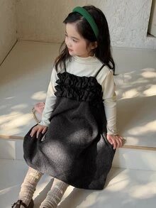 DAZY Young Girl Solid Color Frill Trim Casual Daily Summer Spaghetti Strap Dress - Dark Grey - View 3