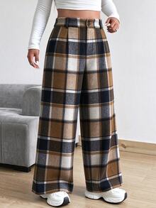 Vionelle Plus Size Loose Plaid Elastic Waist Straight Leg Pants, Women's Autumn/Winter - Multicolor - View 4