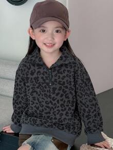 Dazy Kids 少女休閒寬鬆豹紋印花運動衫 - 深灰色 - 查看 6