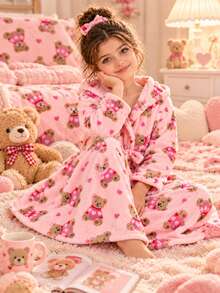 Girls Cute Bear & Heart Print Hooded Fleece Bath Robe, Long Sleeve Belted Warm Fluffy Sleepwear Robe For Tween Girl - Dusty Pink - View 3