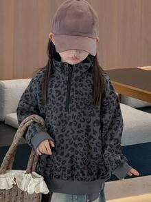 Dazy Kids 少女休閒寬鬆豹紋印花運動衫 - 深灰色 - 查看 3