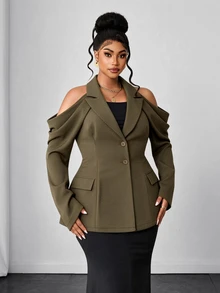 Maweii Áo blazer công sở size lớn hở vai, eo chiết, tay dài - xanh quân đội - Xem 5