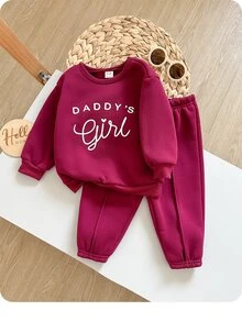 SHEIN 女嬰針織秋冬字母圖案長袖衛衣與鬆緊腰長褲 2件組 - 酒紅色 - 查看 7