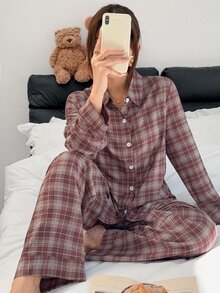 Napfluff Vintage Minimalist Brown Plaid Lapel Long Sleeve Cardigan & Pants Pajama Set, 2 Pieces - Coffee Brown - View 3