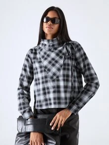 LYSMO Women's High Neck Long Sleeve Bowknot Plaid Fashion Shirt - Multicolor - View 4