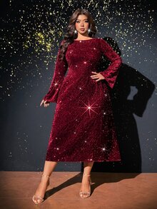 Viva Relle Plus Size Women's Burgundy Sequin Long Sleeve Round Neck Fitted Bodycon Mini Dress For Party And Banquet - Burgundy - View 6