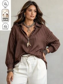 Ceyna Plus Size Brown Striped Cotton Blend Vintage Single-Breasted Button-Down Long Sleeve Shirt, Versatile Outerwear And Inner Layer For Women, Autumn/Winter - Coffee Brown - View 5