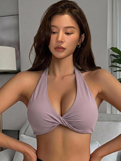 DAZY 1pc Solid Color Halter Twist Front Gather Yoga Sports Bra For Women Lingerie For Women