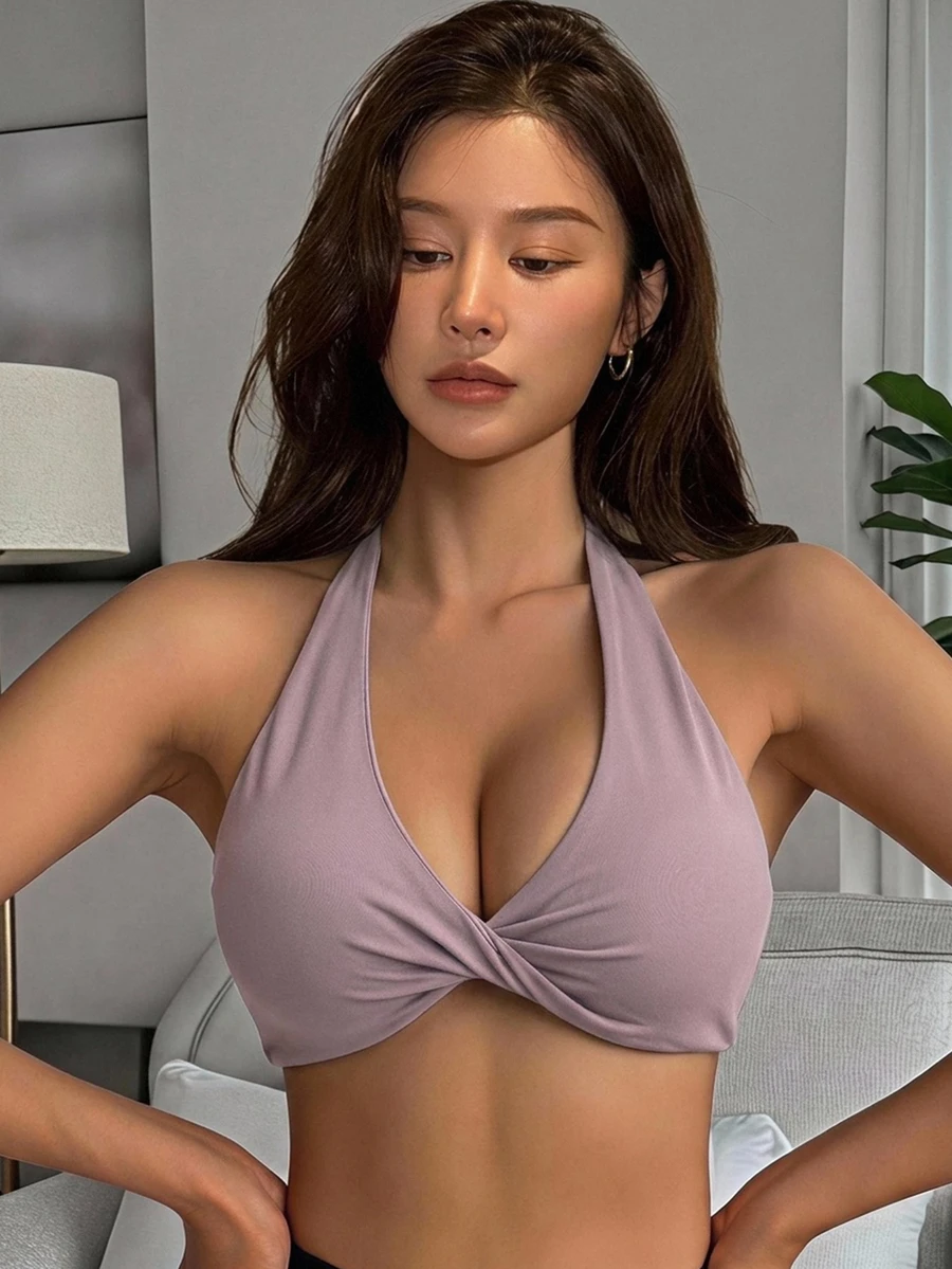 DAZY 1pc Solid Color Halter Twist Front Gather Yoga Sports Bra For Women Lingerie For Women - Mauve Purple - View 1