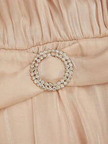 Allurite Plus Size Women's Autumn Solid Color Satin Metallic Luster Elegant Party Waist-Cinching A-Line Rhinestone Belt Buckle Glamorous Blouse Top - Gold - View 8