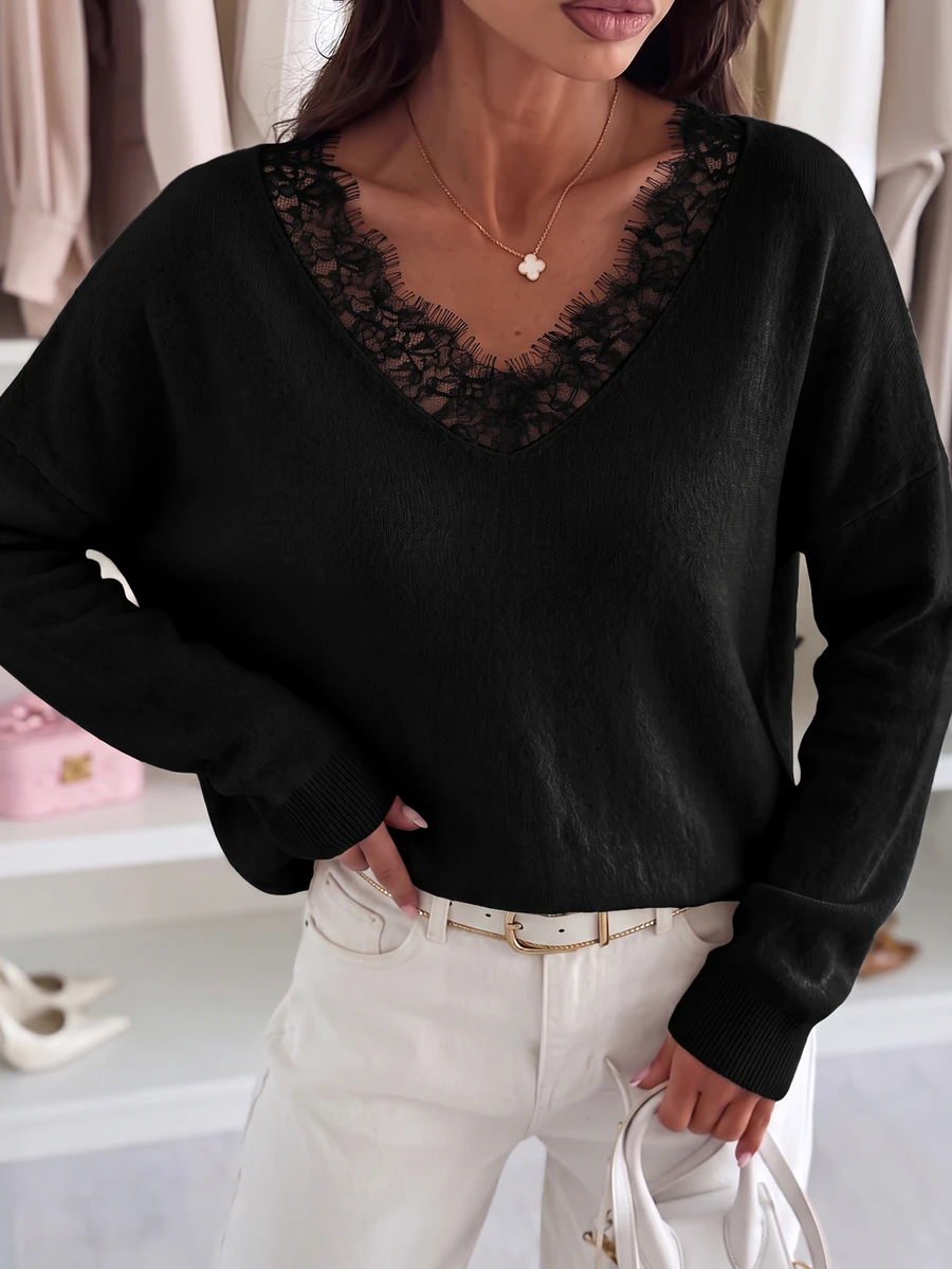 Briarwyn Fall/Winter Elegant French Solid Color V-Neck Lace Patchwork Sweater Brunch Day Time Going Out Office Cream White Sweater Tops - Black - View 1