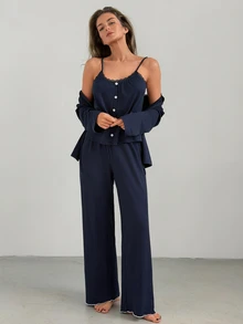 DAZY Set Piyama Wanita Atasan Camisole Kancing Warna Polos, Kardigan Renda Lengan Panjang, dan Celana Panjang - Navy Blue - View 3