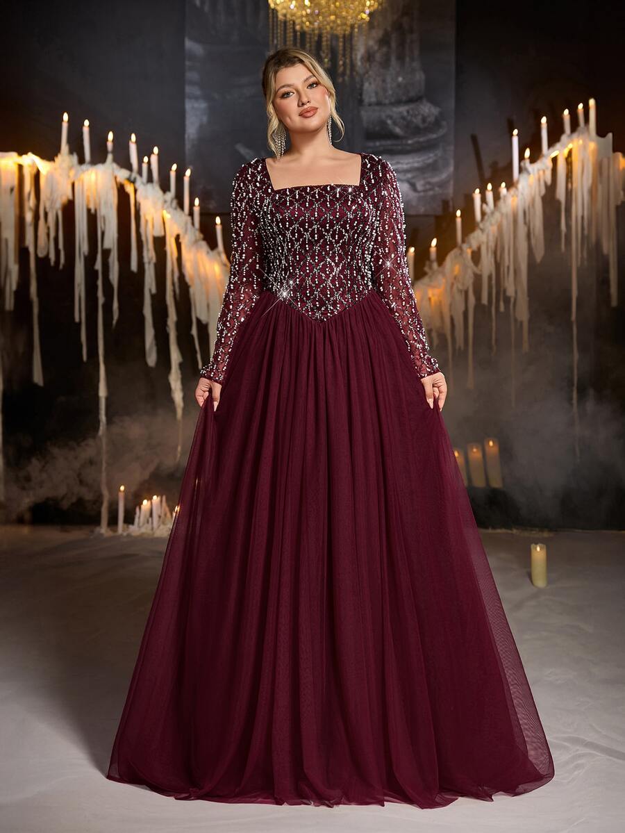 Glamrae Plus Size Elegant Romantic Square Neck Long Sleeve Sheer Luxury Sequin Contrast Mesh A-Line Evening Gown For Wedding Party Celebration Formal Event Dinner - Burgundy - View 1