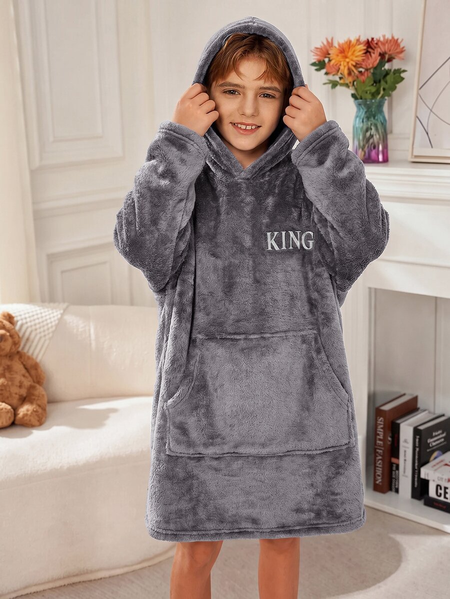 SHEIN 大童男孩秋冬款精緻Logo圖案 KING Little King 標誌圖案連帽長袖袋鼠口袋抓絨長款睡褲 - 灰色 - 查看 1
