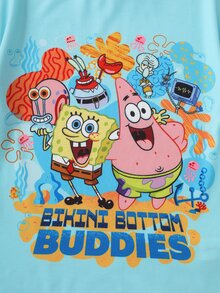 SpongeBob SquarePants | SHEIN Tween Girl Round Neck Short Sleeve Cartoon Graphic T-Shirt - Blue - View 4
