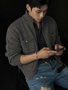 DAZY Spring/Autumn Dark Gray Pocket Cardigan For Men - Dark Grey - View 4