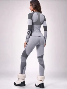 Slayform Slayform 2pcs/Set Regular Fit Round Neck Waist-Cinching High Waist Butt-Lifting Contrast Design Basic Grey & White Sports Set For Fitness/Yoga - Multicolor - View 7