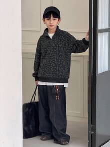 Dazy Kids 青少年男孩休閒寬鬆豹紋 Polo 領運動衫，秋季 - 黑色 - 查看 5