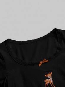 ROMWE J-Fashion 可愛鹿圖案刺繡蕾絲上衣搭配鹿圖案喇叭褲，秋冬款 - 黑色 - 查看 4