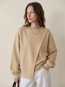 Dazy-Less Sweatshirt Lengan Panjang Wanita Warna Polos Kasual Serbaguna untuk Sehari-hari - Khaki - View 4