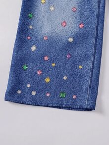 SHEIN 青少年女孩彈性腰休閒日常牛仔效果長褲 - 藍色 - 查看 5