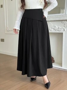Solavon Plus Size Women's Solid Color Casual Versatile Daily Wear Skirt - Black - View 1