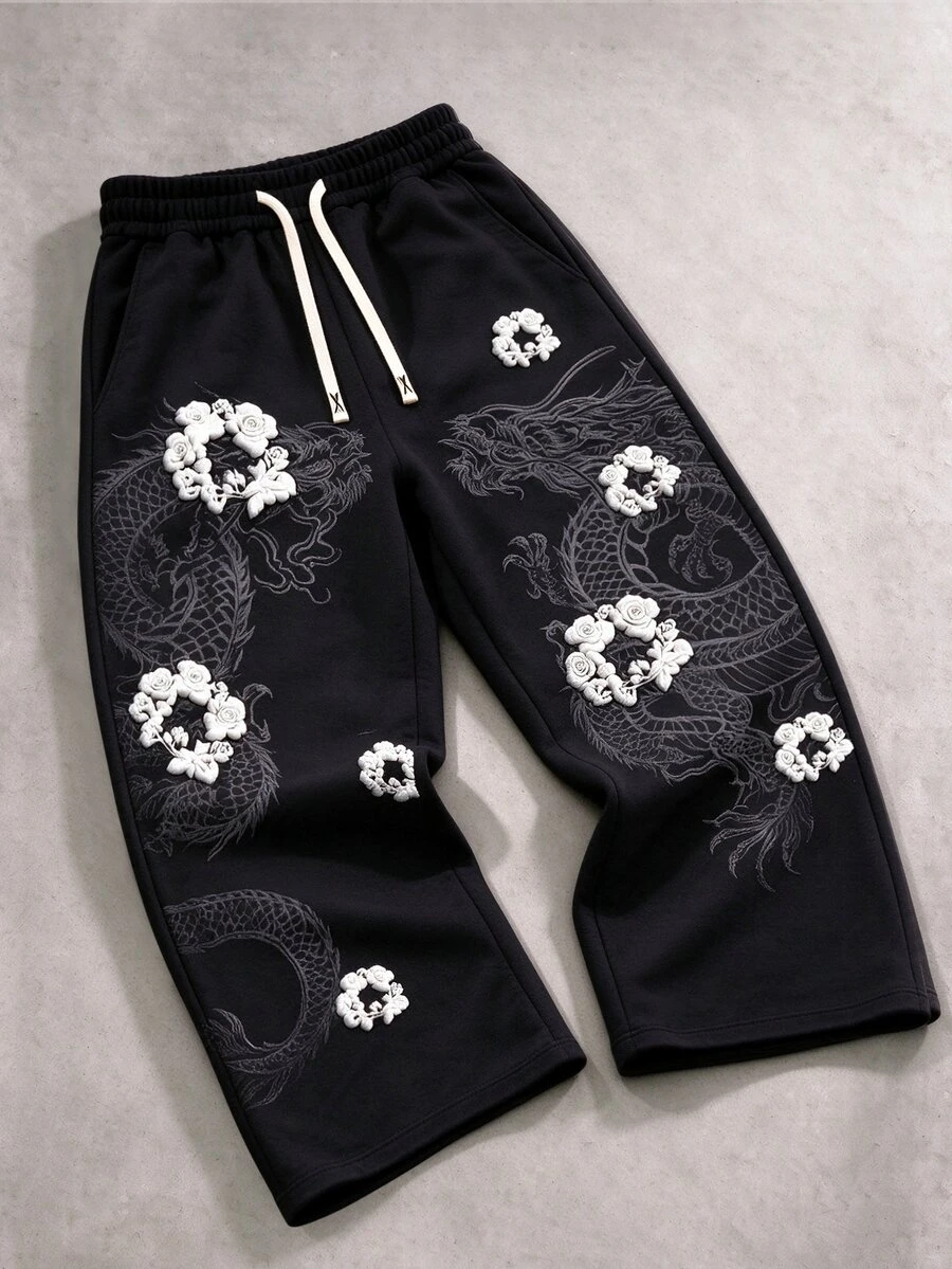 ROMWE MEN Pantalones de chándal de hombre con estampado de espuma y cintura con cordón estilo universitario - Negro - Ver 1