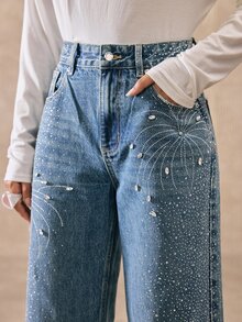 Anewsta Quần jeans ống đứng màu xanh wash đính đá rhinestone họa tiết pháo hoa - Màu xanh lam - Xem 5