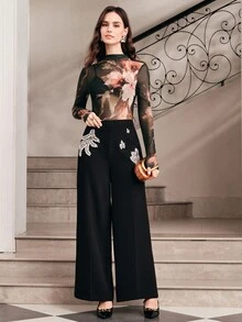 Anewsta Women's Autumn/Winter Luxury Elegant Designer Style Knitted Mesh Bottom Oil Painting Floral Print Semi-High Neck Slim Fit Top - Dark Green - View 4
