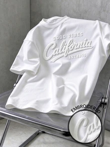 Daypath 3D Embroidered California Lettering Loose-Fit White Polyester Crew Neck Short Sleeve T-Shirt For Streetwear - White - View 2