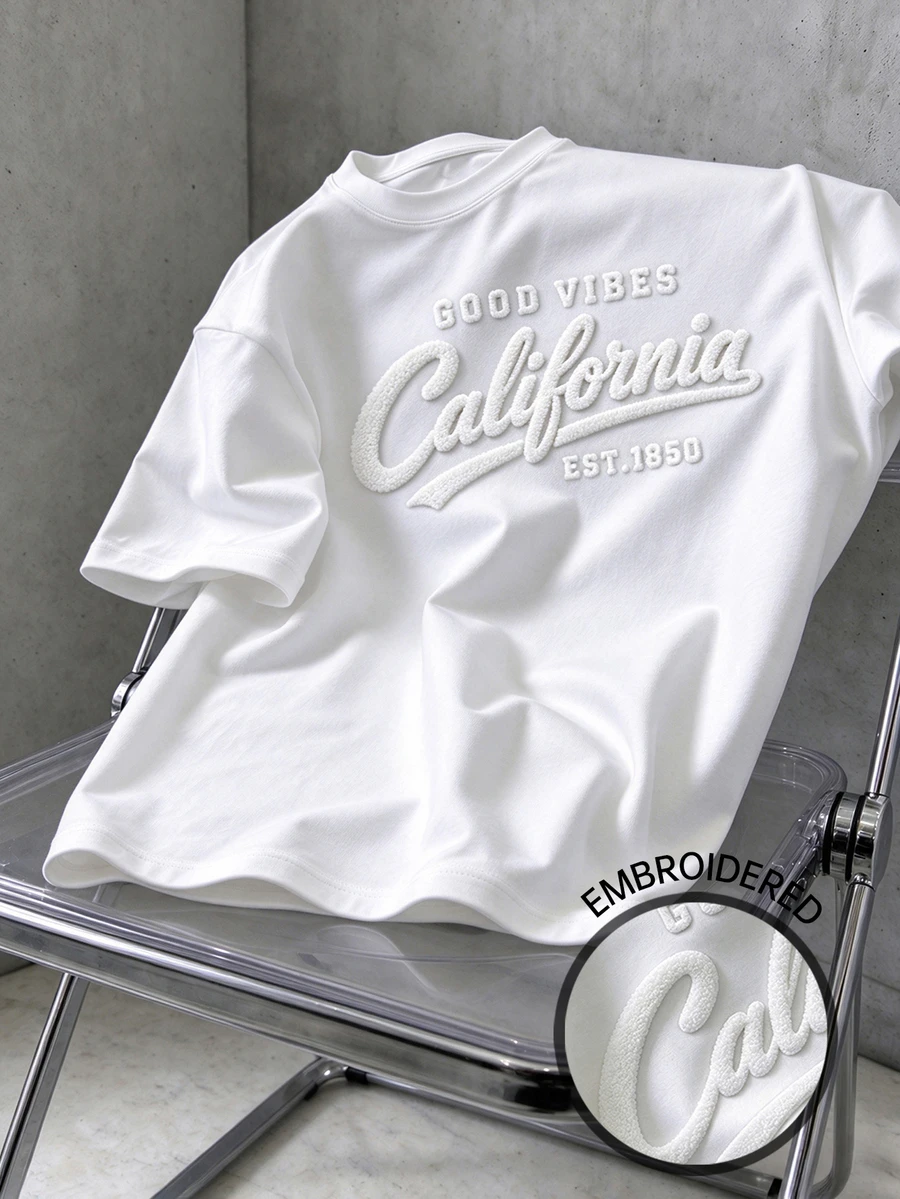 Daypath 3D Embroidered California Lettering Loose-Fit White Polyester Crew Neck Short Sleeve T-Shirt For Streetwear