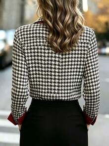 Velvienne Regular Plus Size Women's Houndstooth Patchwork Red Contrast Color Blouse - Multicolor - View 2