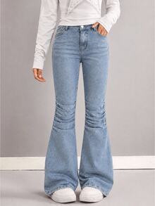 SHEIN Girls' Y2K Style Stretch Flare Leg Jeans, Distressed Ripped Raw Hem Vintage Denim Craft, Fashionable Versatile Suitable For All Seasons Autumn Fall - Medium Wash - View 4