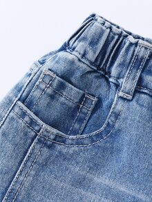 SHEIN 女童蝴蝶結刺繡寬腿牛仔褲 休閒寬鬆水洗丹寧長褲 甜美可愛風 - 淺色水洗藍 - 查看 5