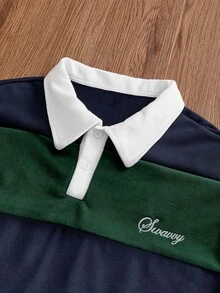 SWAVVY Men's Letter Pattern Colorblock Casual Daily Long Sleeve Polo Shirt - Army Green - View 5