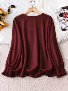 SHEIN LUNE CURVE 大尺碼女款純色休閒百搭日常襯衫 秋季 - 酒紅色 - 查看 2