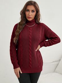 Plus Size Women's Solid Color Casual Daily Long Sleeve Sweater - Burgundy - View 4