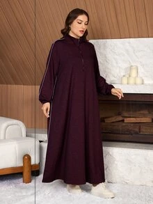 Lacomfia 女款長袖飾邊寬鬆休閒日常百搭大尺碼長款運動衫 - 酒紅色 - 查看 5