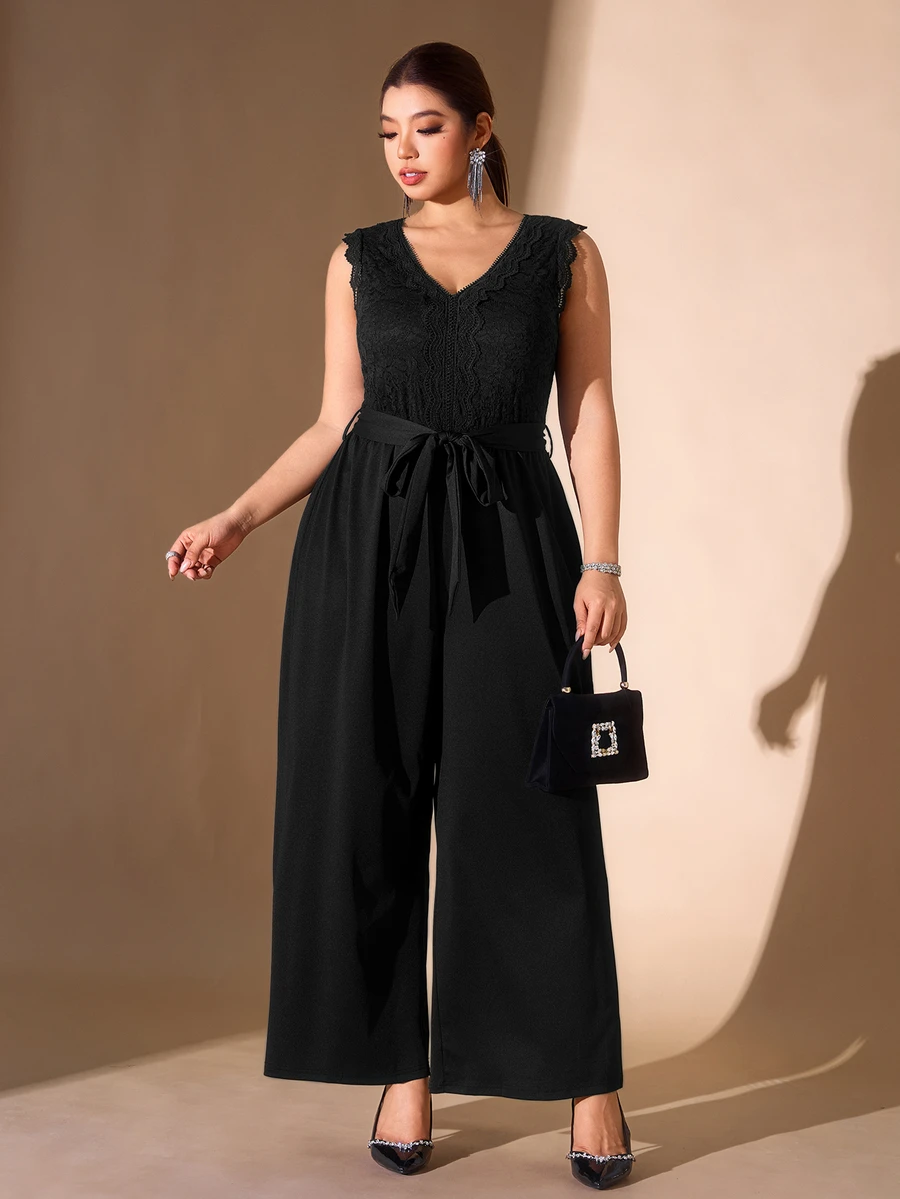 Cravure French Vintage Elegant Fashion Casual Lace Patchwork Ruffle Waist Tie Jumpsuit - Black - View 1