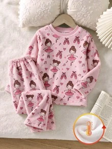 SHEIN 2件組女孩時尚米色與粉色拼色芭蕾舞圖案法蘭絨印花簡約休閒風冬季柔軟舒適加厚抓絨睡衣套裝家居服 - 淺粉色 - 查看 3