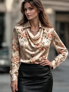 Velvienne Blus Satin Mewah Wanita Musim Semi/Gugur dengan Motif Cetak, Kerah Berlipat, dan Lapisan, Lengan Panjang, Ukuran Plus - MultiWarna - View 4