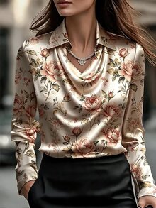 Velvienne Blus Satin Mewah Wanita Musim Semi/Gugur dengan Motif Cetak, Kerah Berlipat, dan Lapisan, Lengan Panjang, Ukuran Plus - MultiWarna - View 1