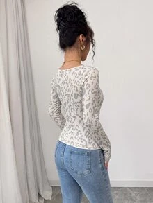 INAWLY 黑色法式優雅波浪邊方領長袖修身女款T恤 - 灰色 - 查看 2